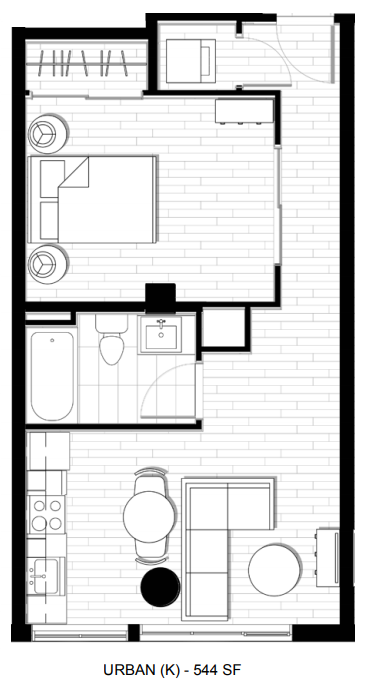 Floor plan for 1 bed, 1 bath, 543 sqft